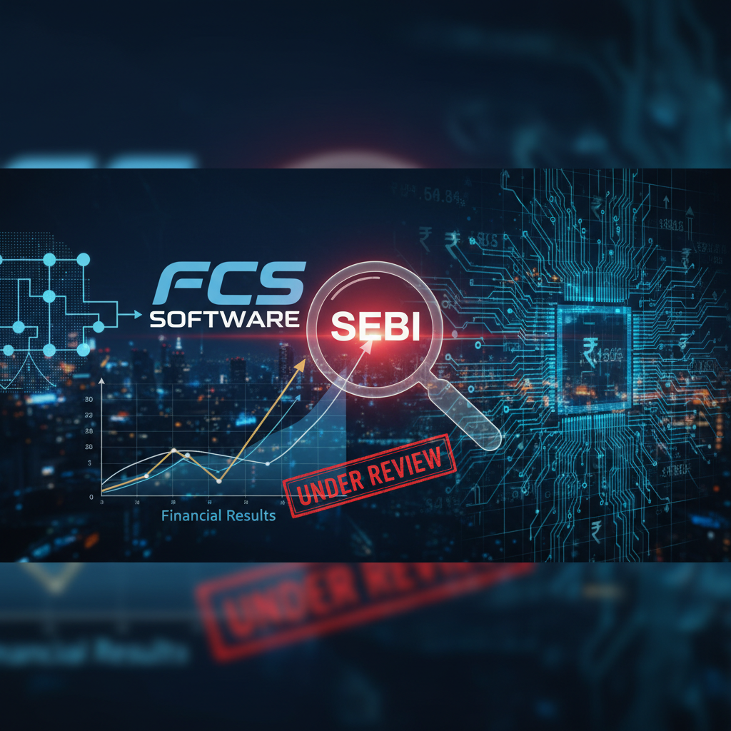 A digital illustration showing the FCS Software logo, a magnifying glass with "SEBI" inside, and "UNDER REVIEW" on a chart.