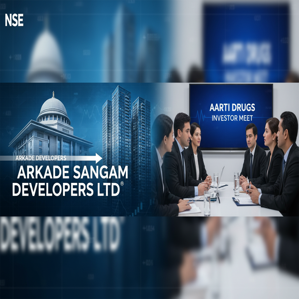 Professional image depicting stock market data, corporate buildings, and a business meeting, symbolizing NSE announcements.