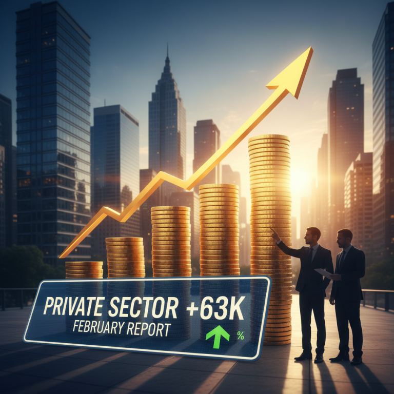 Two businessmen observe a rising graph of stacked gold coins against a city skyline, with a digital sign.