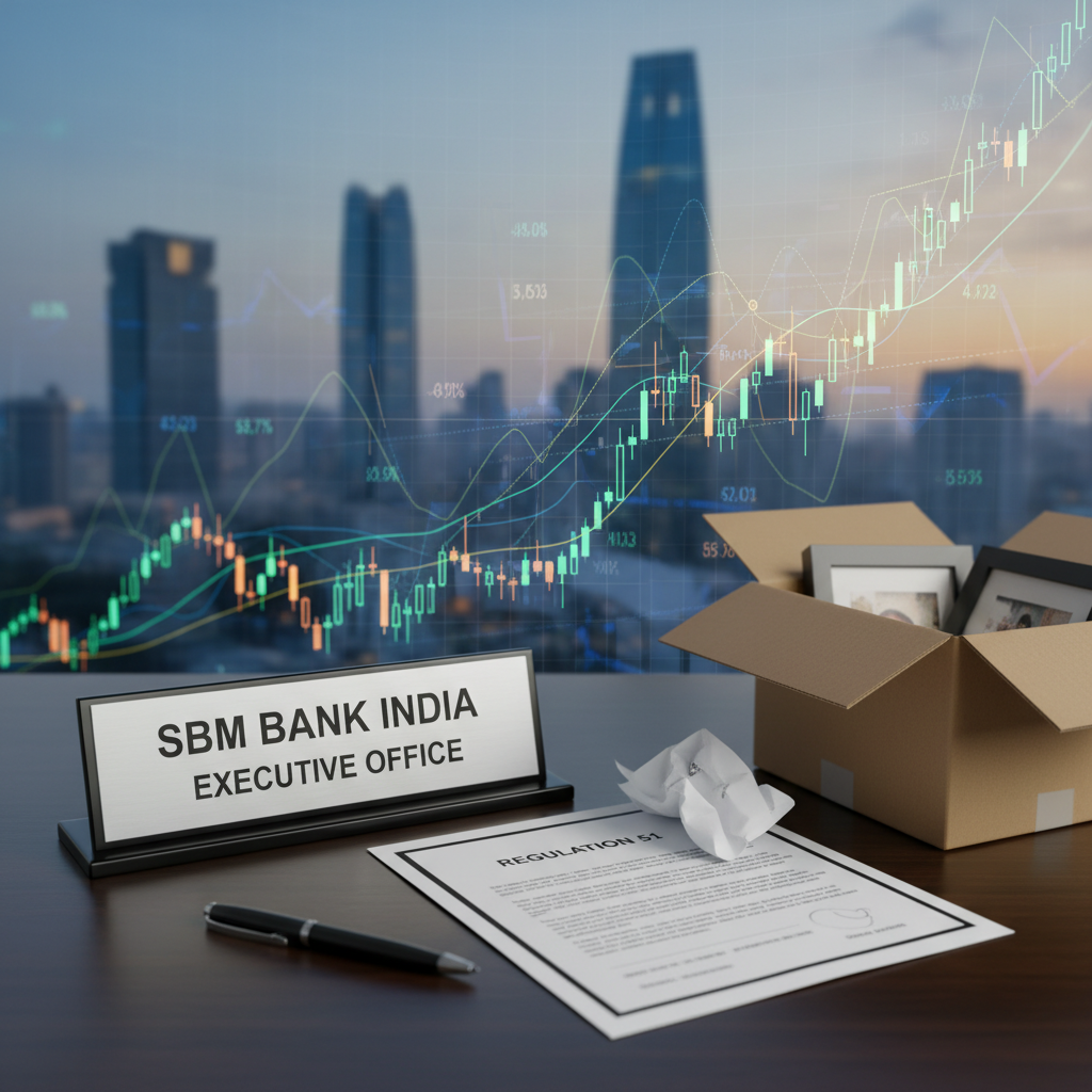 A desk nameplate for "SBM Bank India Executive Office" with a resignation letter, moving box, and stock charts.