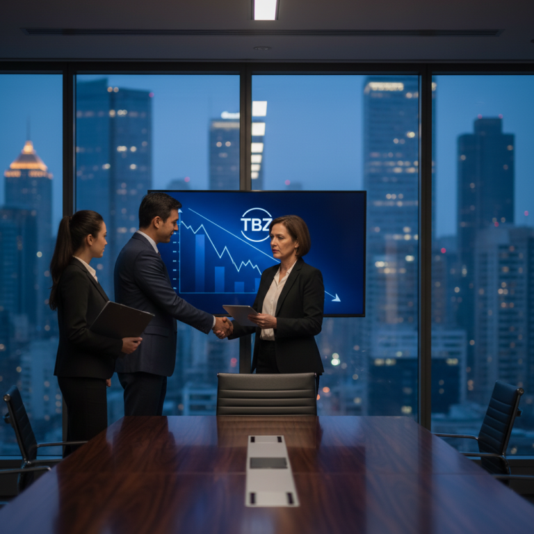 Three executives in a modern boardroom, two shaking hands. A screen behind them shows a downward trend and "TBZ."