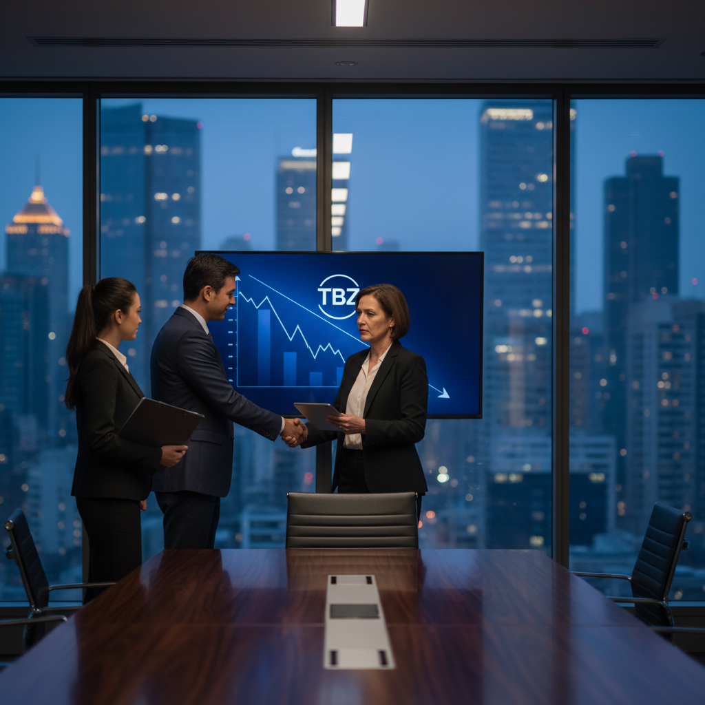 Three executives in a modern boardroom, two shaking hands. A screen behind them shows a downward trend and "TBZ."
