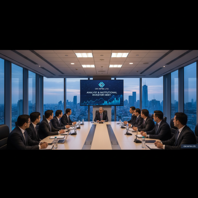 A professional meeting of analysts and institutional investors with a city skyline view at dusk.