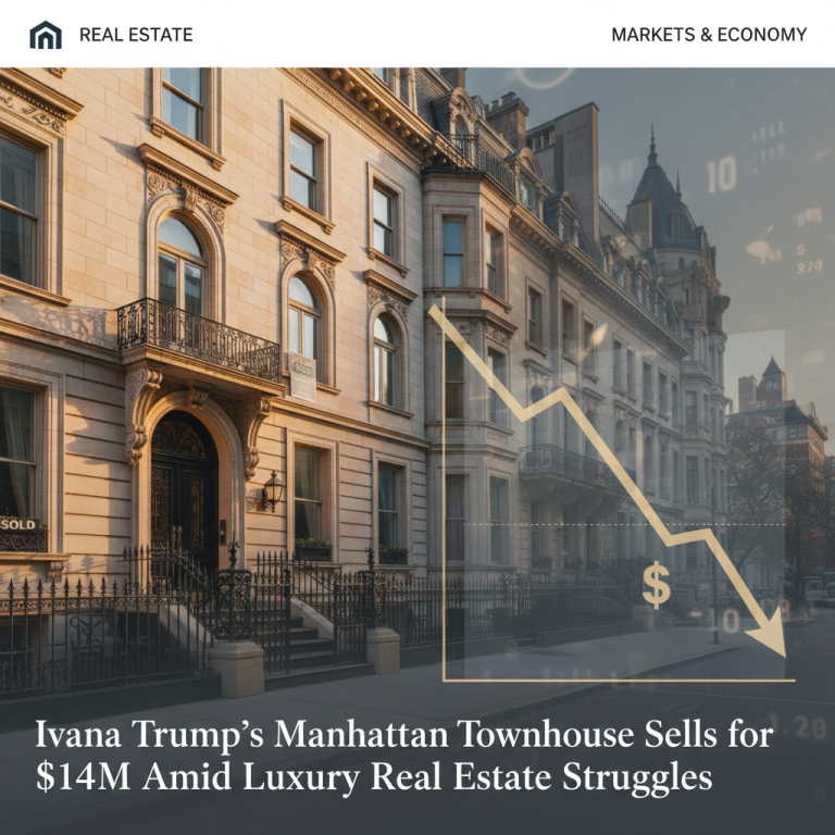 A luxurious Manhattan townhouse with a superimposed graph showing a downward trend in real estate value.