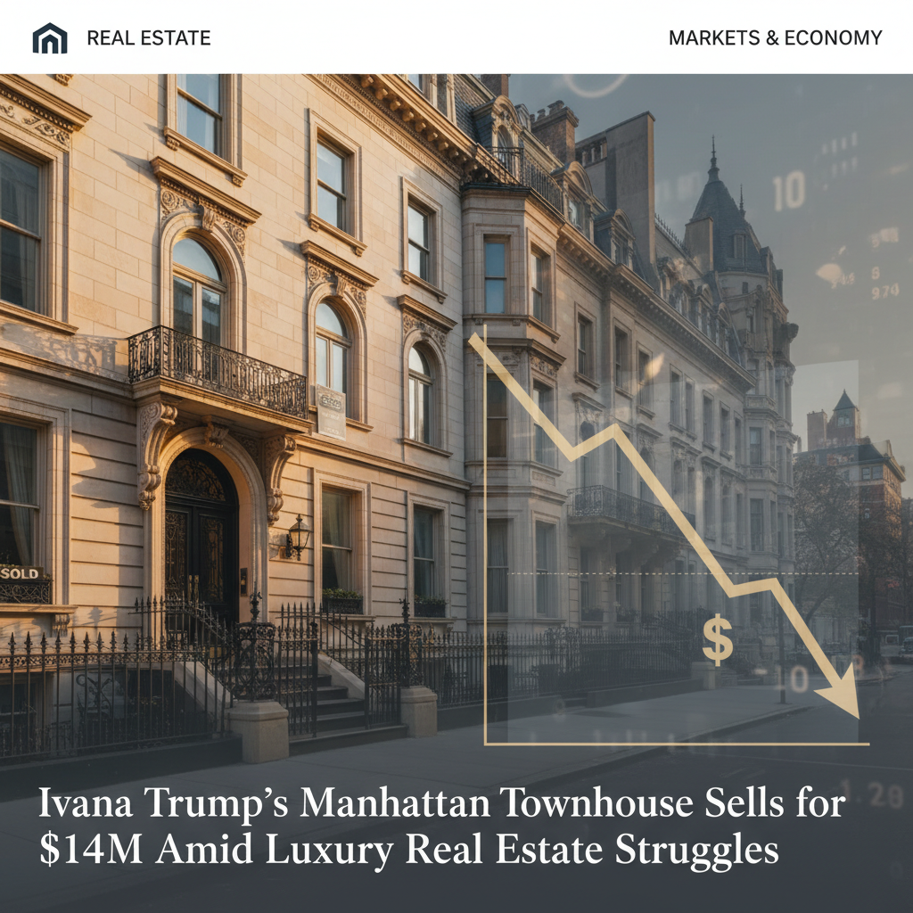 A luxurious Manhattan townhouse with a superimposed graph showing a downward trend in real estate value.