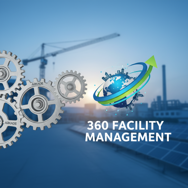 Gears with "Arkade" branding, a globe with cityscapes and an upward arrow, over a blurred industrial background.