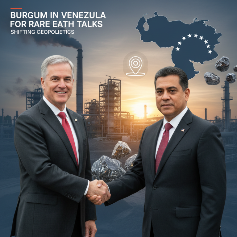 Two men in suits shaking hands with an industrial complex and rare earth minerals in the background, a map of Venezuela.