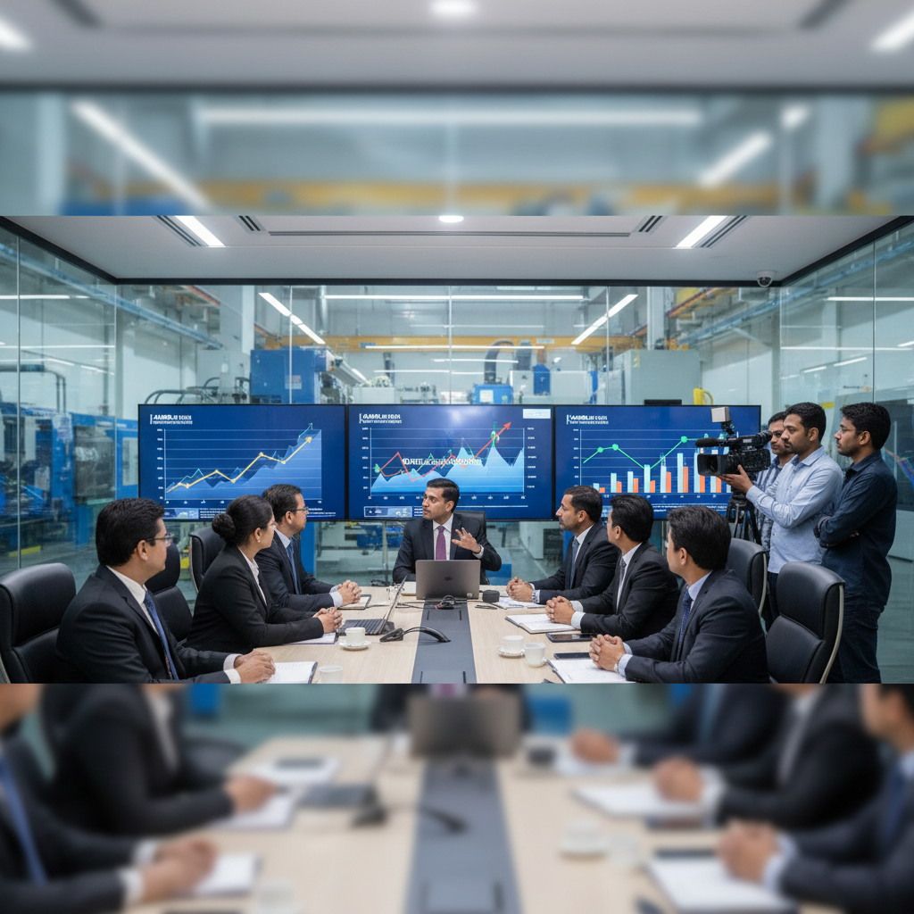 A group of business professionals in suits attend an analyst and investor meeting in a modern conference room.