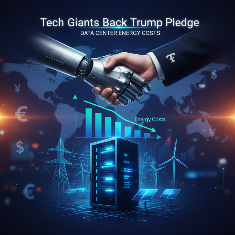 A human hand shakes a robot hand over a data center with renewable energy sources and a declining energy cost graph.