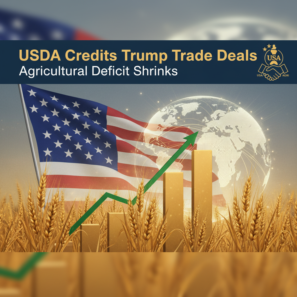 A banner with article title over a wheat field with a US flag, globe, upward arrow, and bar chart.