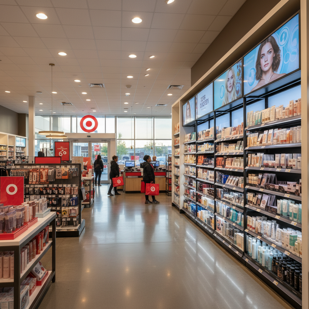 An interior shot of a modern Target store, focusing on a brightly lit beauty section with numerous products and digital screens.