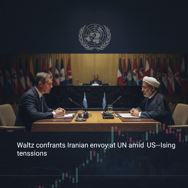 Two diplomats, one American and one Iranian, seated at a table with UN flags in the background, overlaid with market graphics.