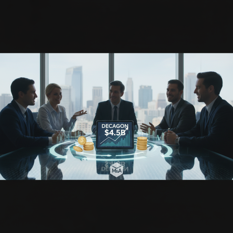 A group of professionals discussing Decagon's $4.5B tender offer, signifying a new milestone in employee liquidity.