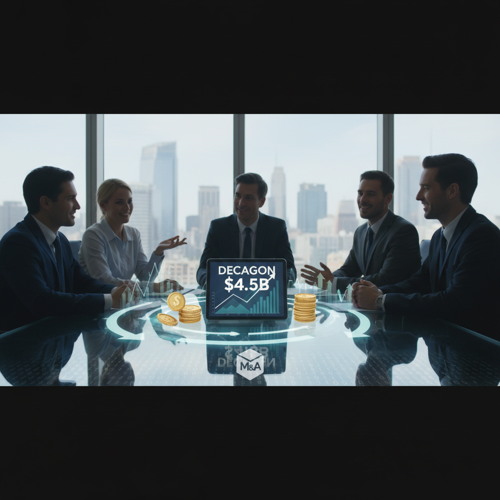 A group of professionals discussing Decagon's $4.5B tender offer, signifying a new milestone in employee liquidity.