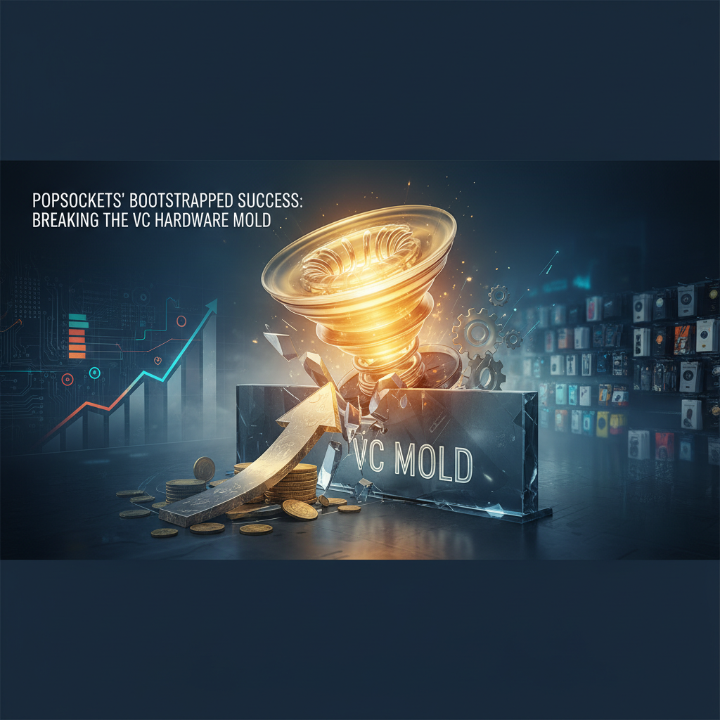 A golden PopSocket-like vortex shatters a "VC MOLD" block, with a rising arrow and coins, against a tech background.