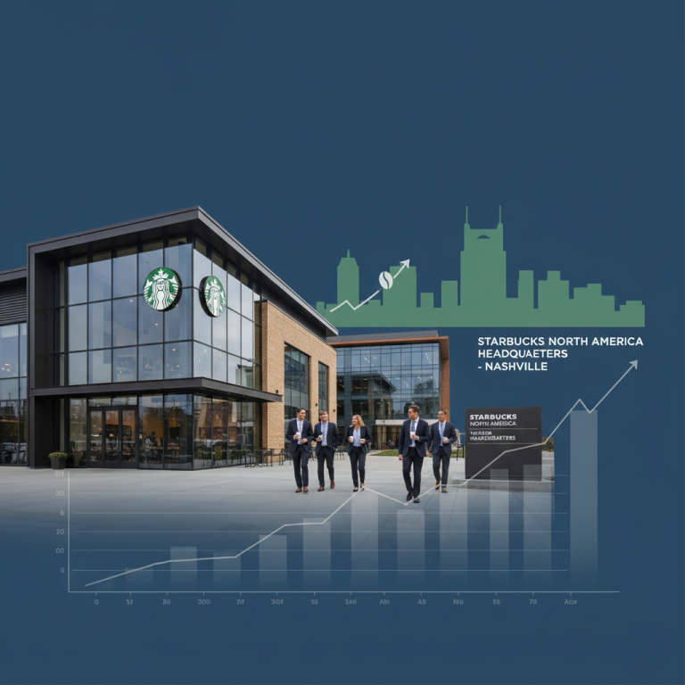A modern Starbucks building with business professionals walking outside, overlaid with growth charts and a Nashville skyline.