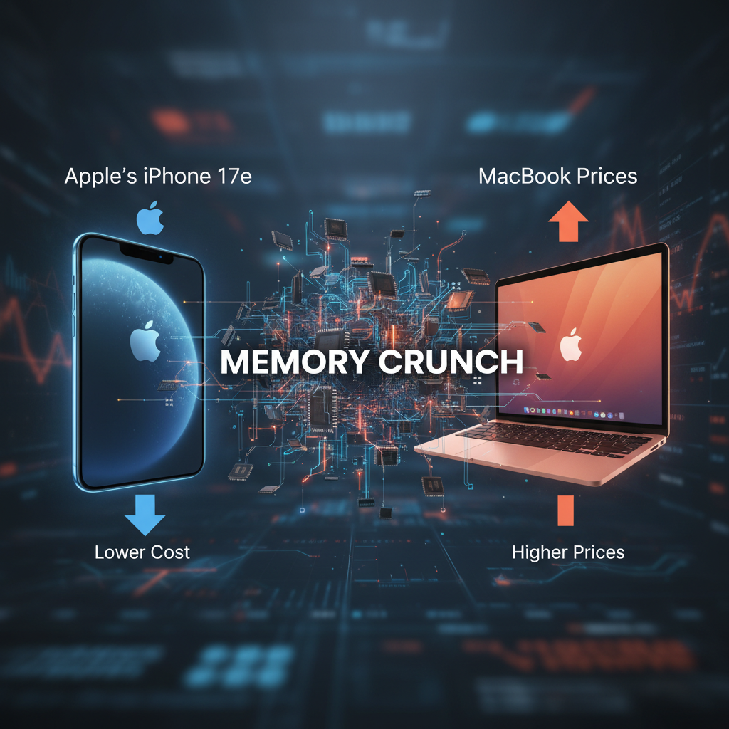 An image showing an iPhone 17e with a downward arrow for lower cost and a MacBook with an upward arrow for higher prices.