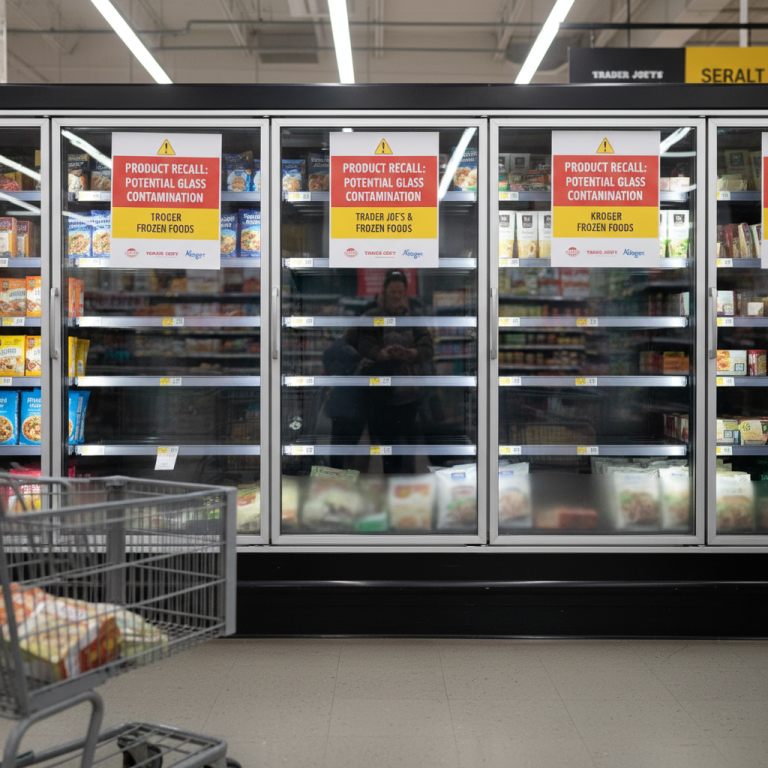 Product recall signs on supermarket freezers for Trader Joe's and Kroger frozen foods, warning of glass contamination.