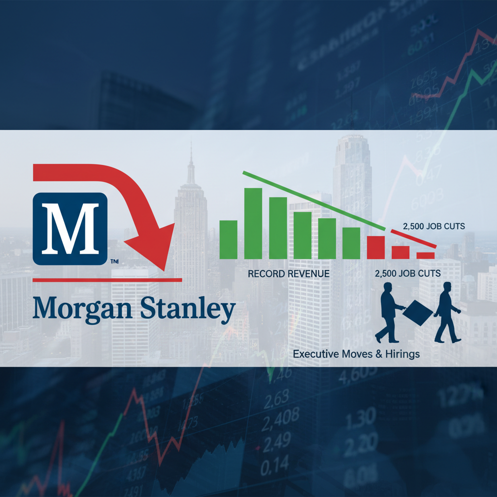 A professional graphic for a news article about Morgan Stanley, showing a downward trend and job cuts despite record revenue.