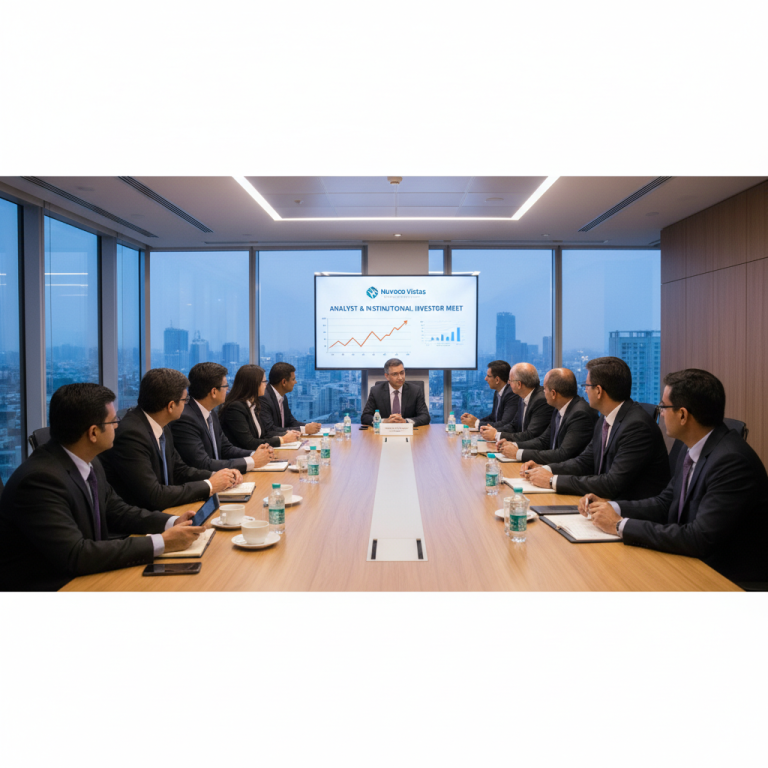 Business professionals in a modern conference room with a presentation screen displaying "Nuvoco Vistas Analyst & Institutional Investor Meet."