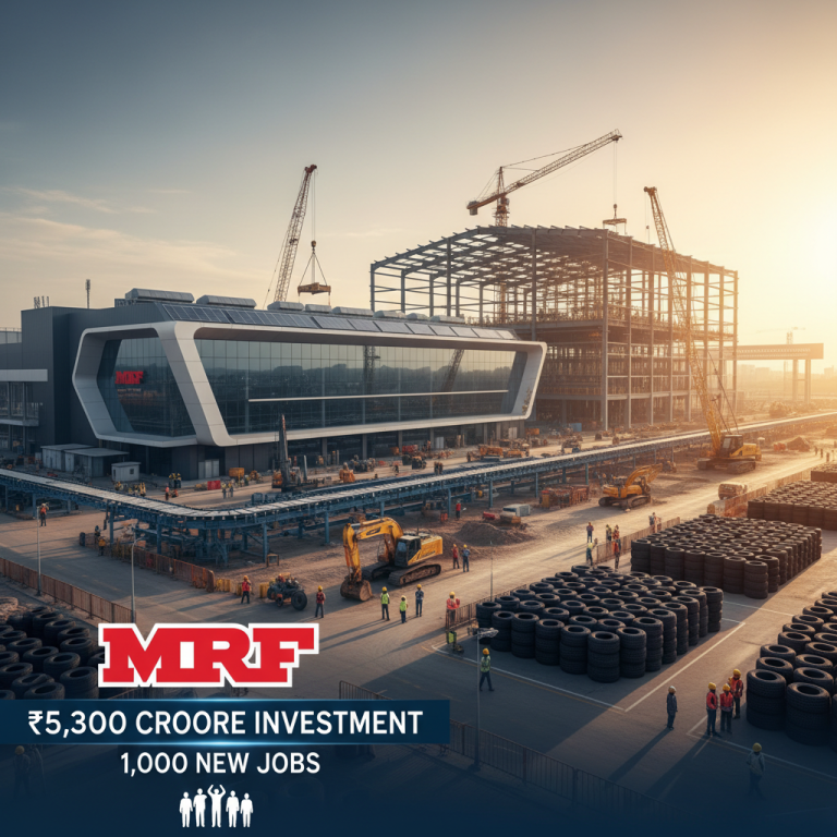 A large, modern industrial complex under construction with the MRF logo, surrounded by heavy machinery and workers.
