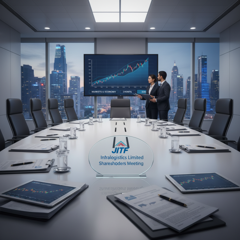 A modern conference room with a large screen displaying financial charts and two business professionals.
