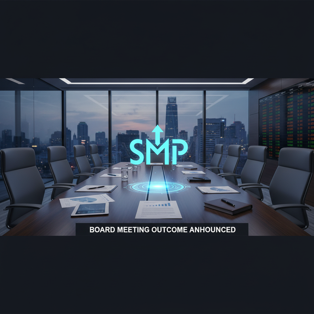 A modern boardroom with "SMP" glowing blue and an arrow pointing up, representing growth. Stock data on wall.