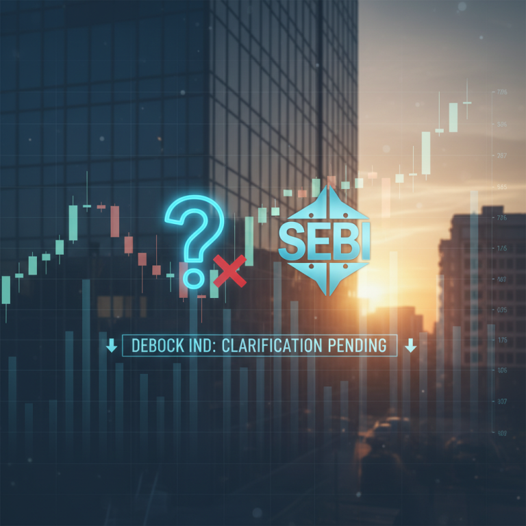 A professional, sleek image depicting a futuristic stock market interface with a glowing SEBI logo and a prominent question mark, indicating financial scrutiny against a backdrop of a city skyline at sunset.
