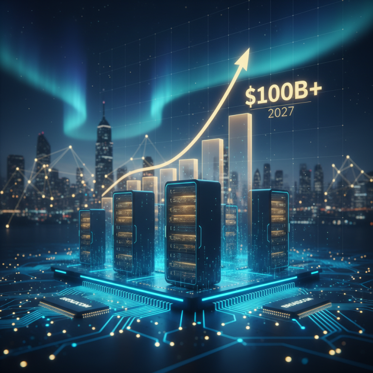 Bar graph showing over $100B by 2027, server racks, and Broadcom chips on a circuit board.