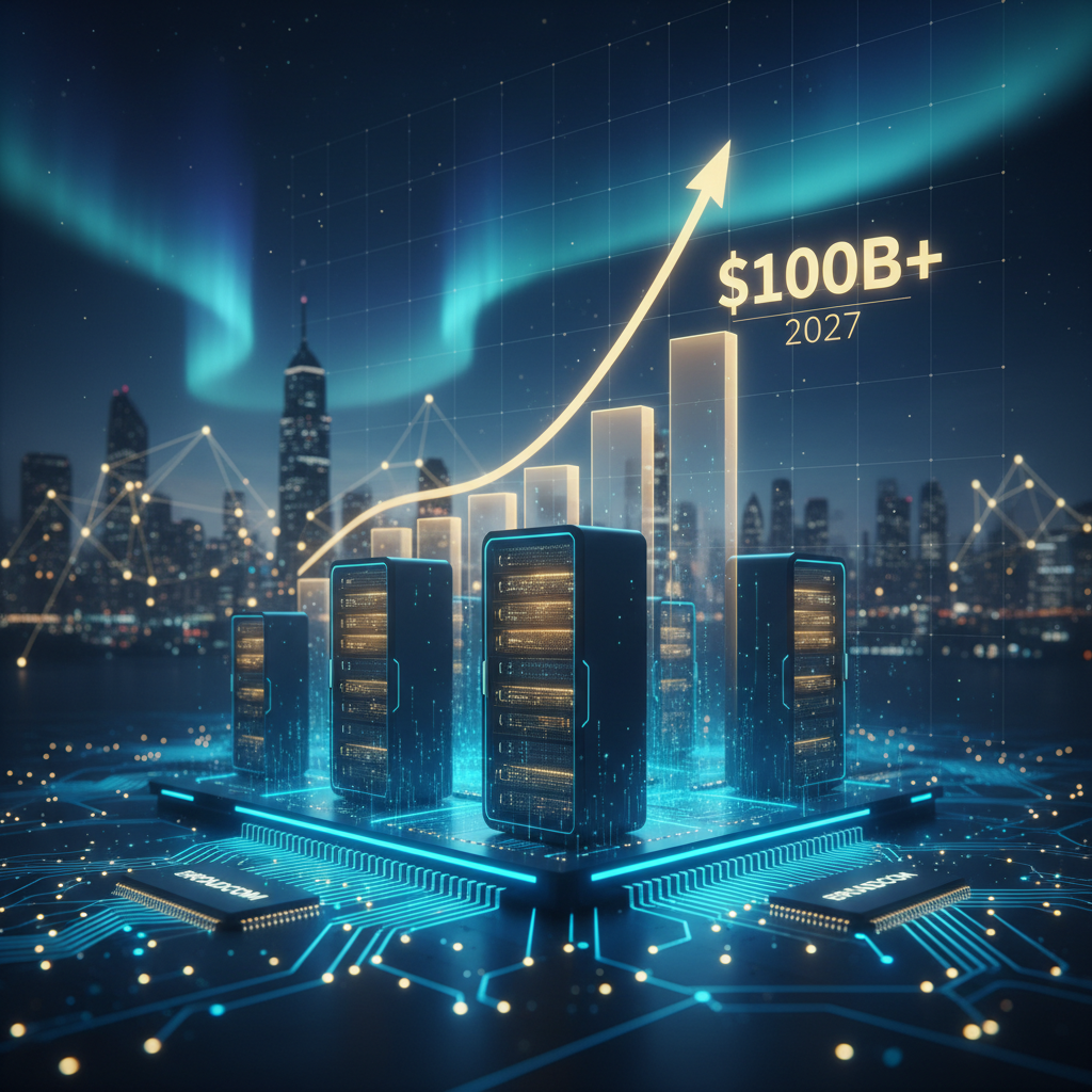 Bar graph showing over $100B by 2027, server racks, and Broadcom chips on a circuit board.