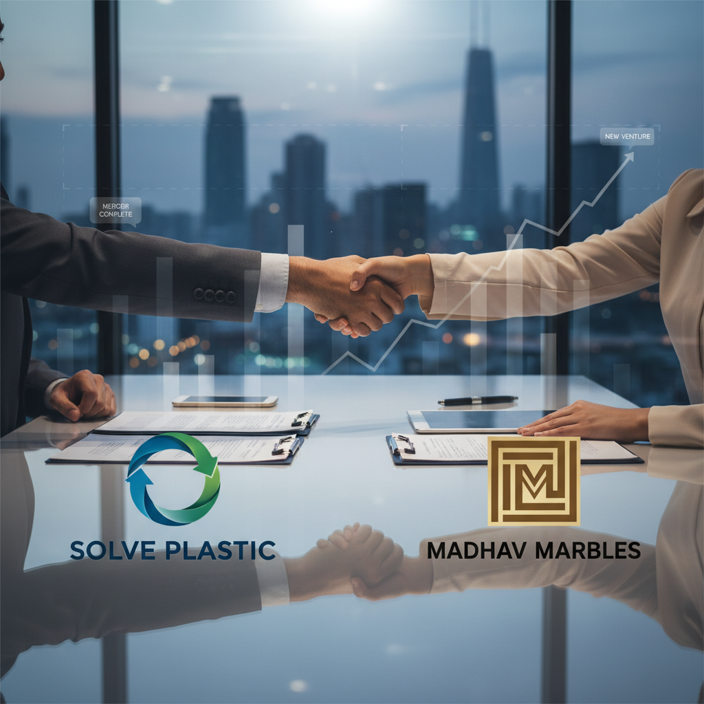 Two professionals shaking hands over a table with company logos, symbolizing a corporate merger.