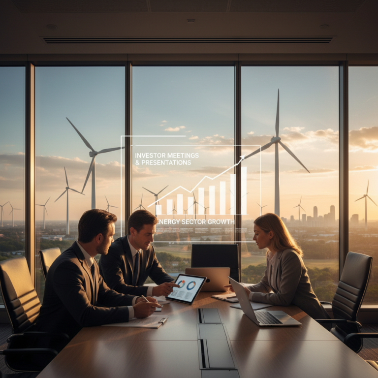Three executives in a modern office overlooking a wind farm at sunset, analyzing data on screens.