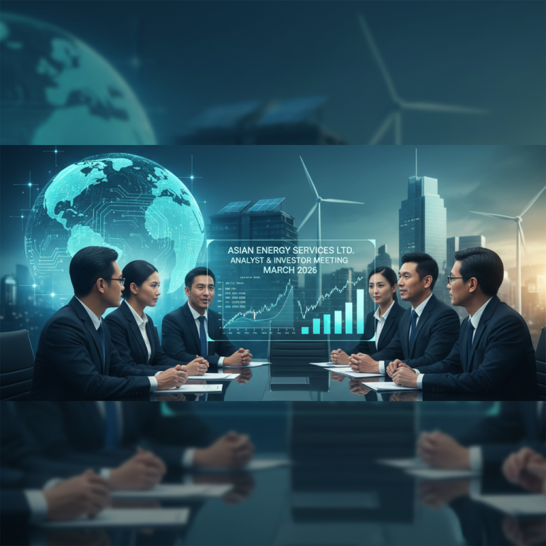 A professional meeting with five individuals in suits, discussing energy and financial data with a cityscape backdrop.