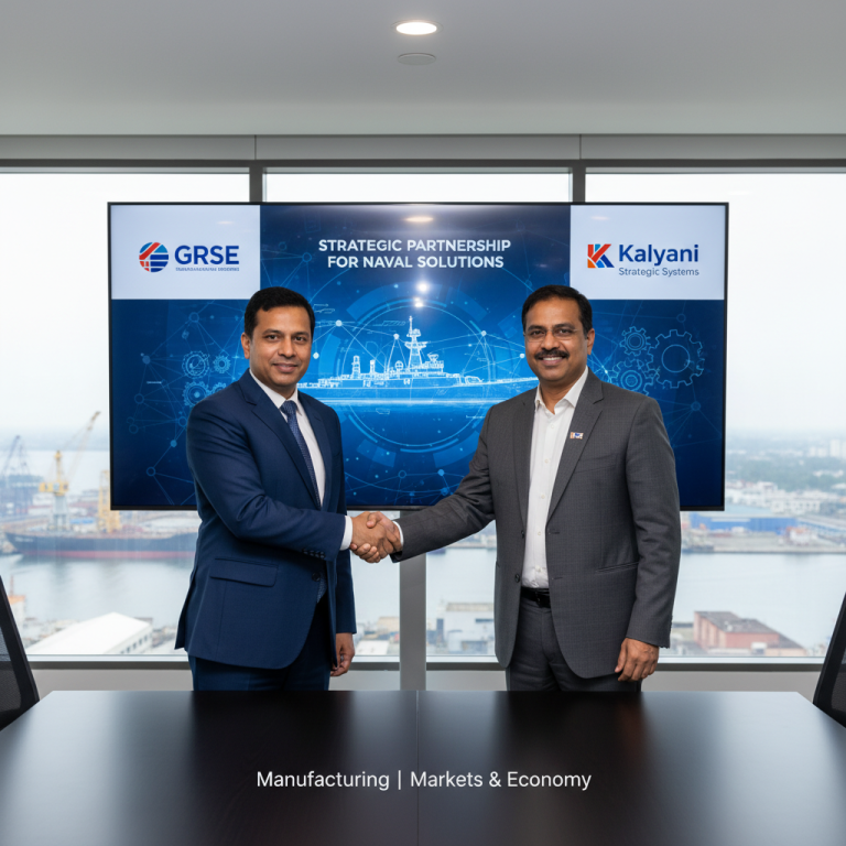 Two executives shaking hands in front of a screen displaying their company logos and "Strategic Partnership for Naval Solutions."