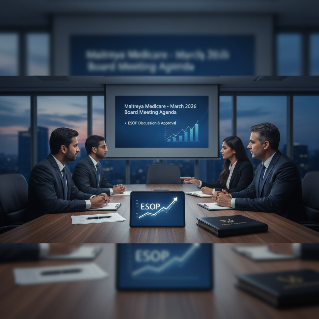 Four professionals in suits around a conference table discussing an ESOP, with "Maitreya Medicare" on a screen.