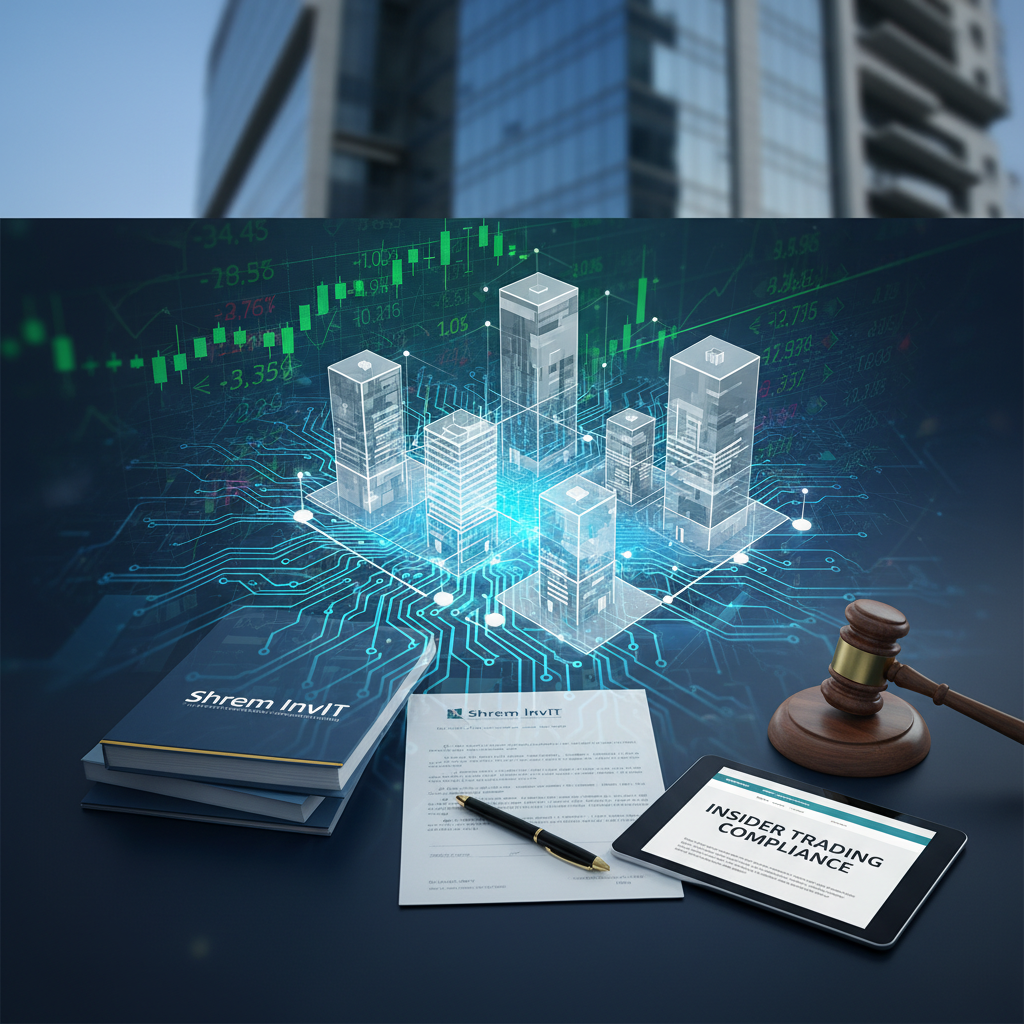 A professional image showing a tablet with "INSIDER TRADING COMPLIANCE" text, legal documents, a gavel, and a modern city skyline.