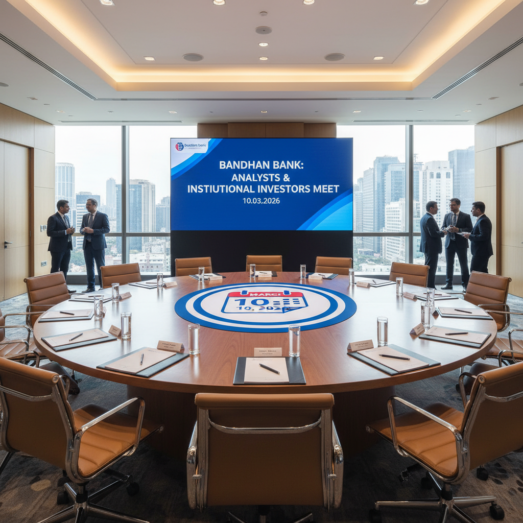 A professional conference room with city views, set up for Bandhan Bank's investor meeting.