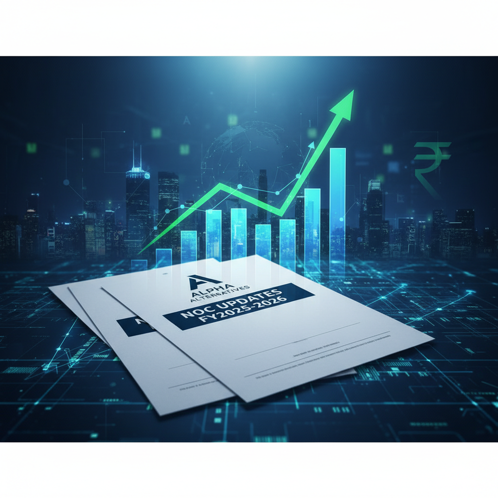 A professional image with a bar graph showing an upward trend and document titled "Alpha Alternatives NOC Updates FY2025-2026".