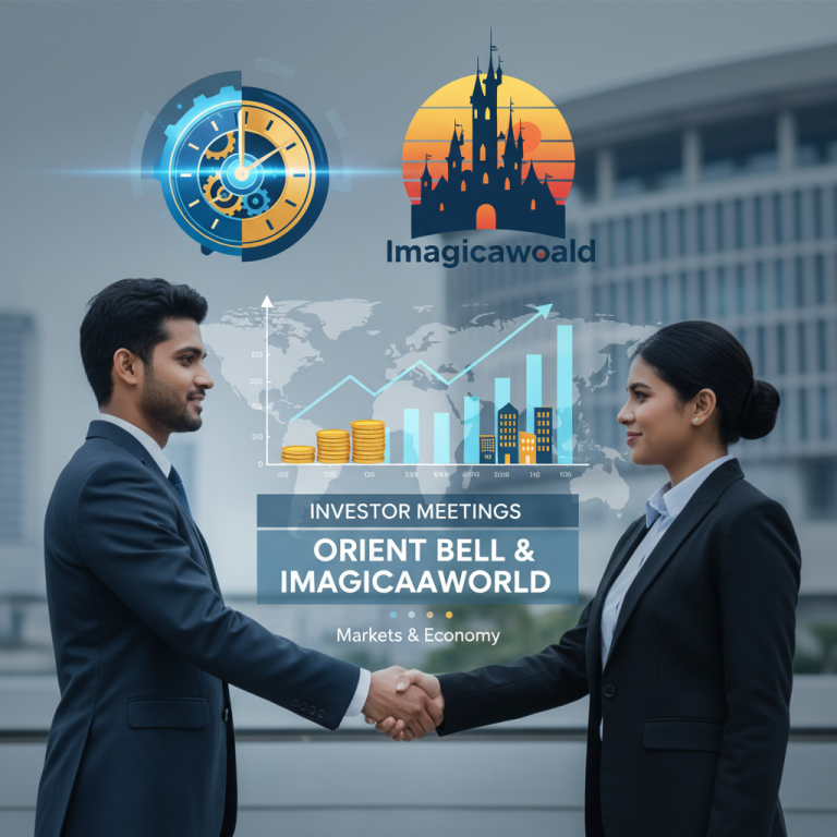 Two business professionals shaking hands, overlaid with financial graphics and company logos, representing investor meetings.