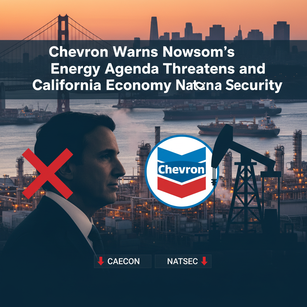 Image illustrating Chevron's warning about California's energy agenda, showing oil refineries, the Golden Gate Bridge, and Newsom.