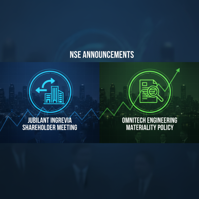 A professional graphic representing NSE announcements with company names and relevant icons.