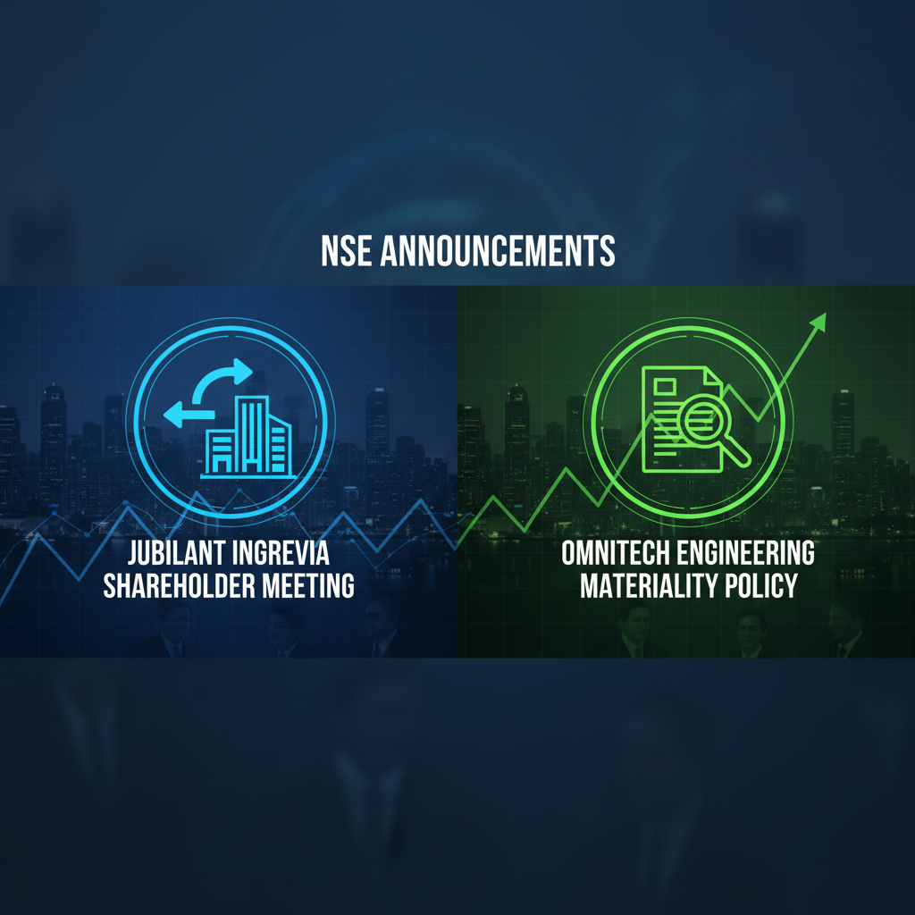 A professional graphic representing NSE announcements with company names and relevant icons.