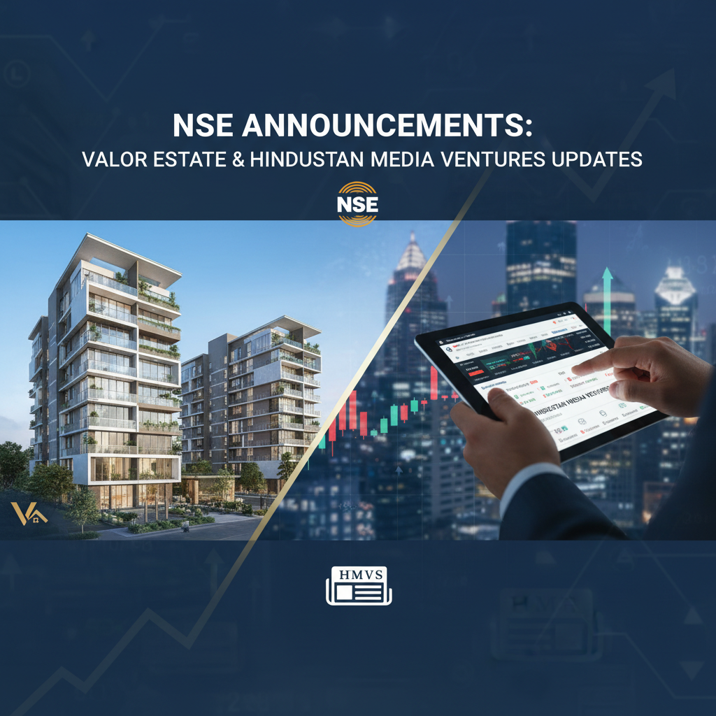 Professional image for an article about NSE announcements, featuring real estate and stock market elements.