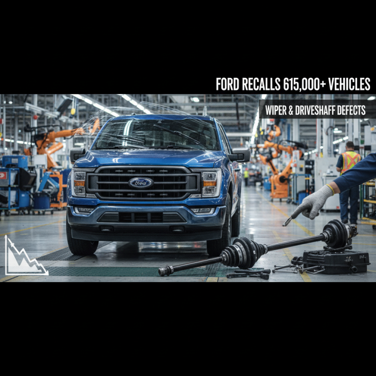 A blue Ford pickup in a factory with a driveshaft in the foreground, text about recalls, and a downward trend graphic.