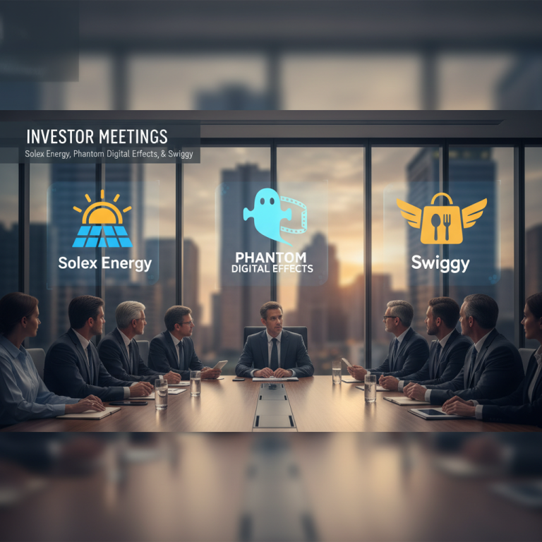A professional conference room scene with a large table and business people, overlaid with company logos for Solex Energy, Phantom Digital Effects, and Swiggy.