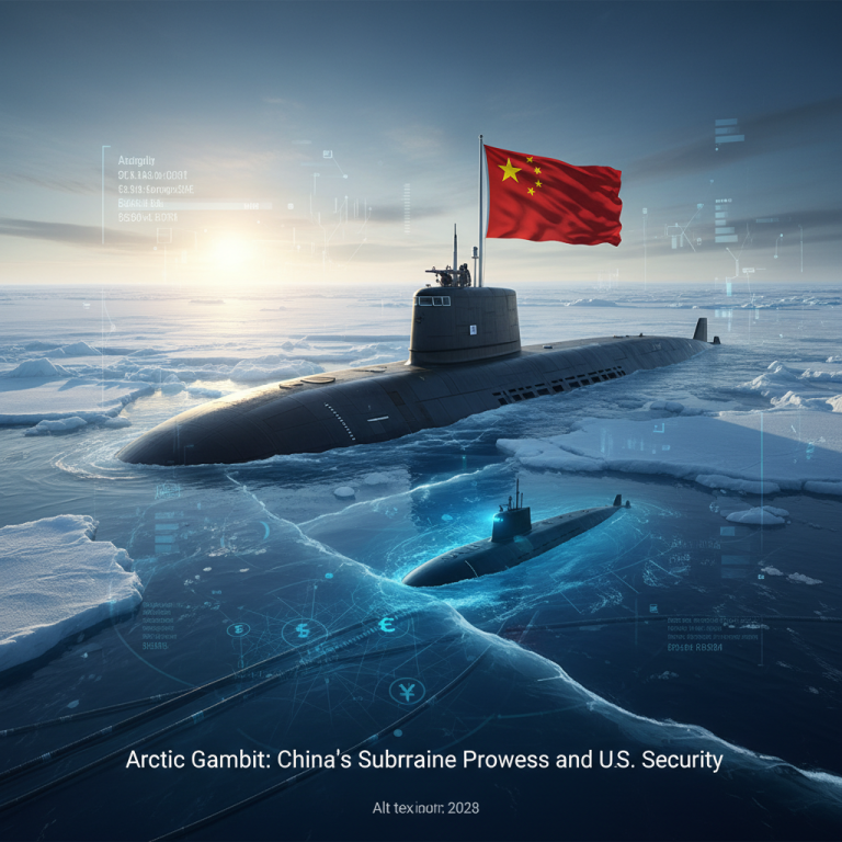 A Chinese submarine surfaced in the Arctic with another submerged, surrounded by ice and digital overlays.