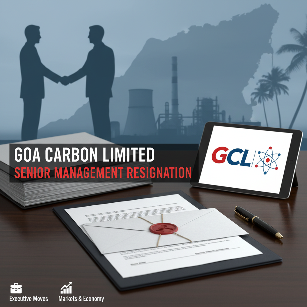 Professional image depicting a resignation, with documents and a tablet showing GCL logo, set against an industrial background.