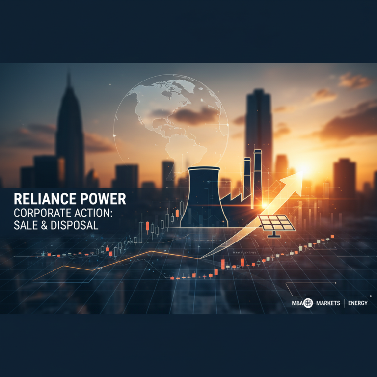 A professional image representing corporate action in the energy sector with a cityscape, power plant, solar panel, and upward trending graphs.