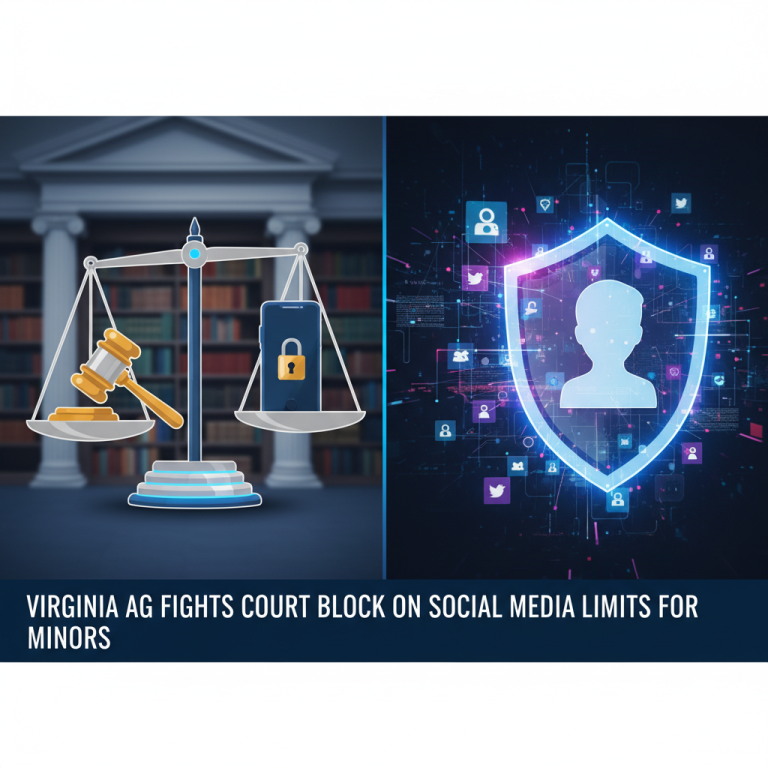 A split image showing scales of justice with a phone on one side and a gavel on the other, next to a digital shield protecting a user profile amidst social media icons.