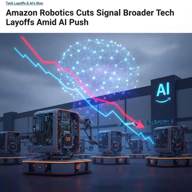 Robotic units are powered off in front of an Amazon facility, with a descending stock graph and AI brain visible.